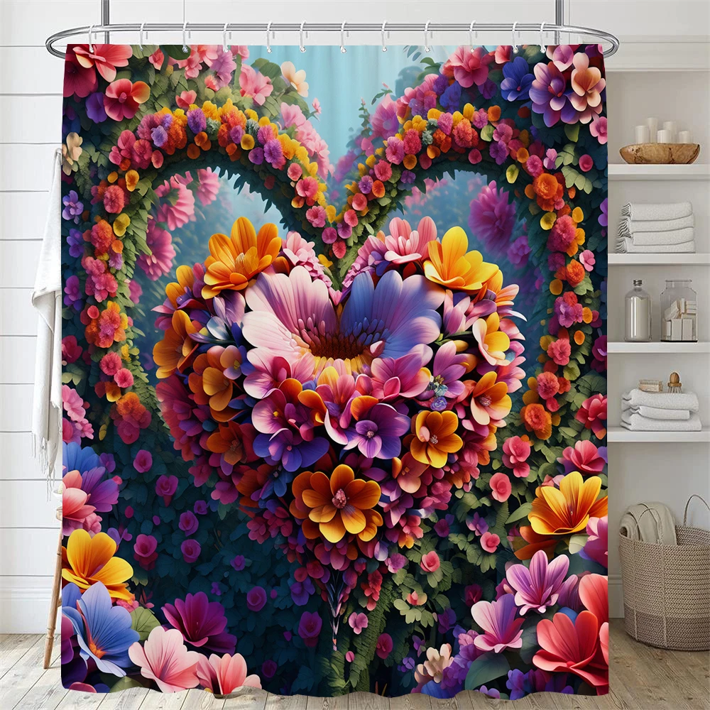 Beautiful heart-shaped Flower Shower Curtain loving Floral Shower Curtain Flowers and Plants Bathroom Curtains Home Decoratoin