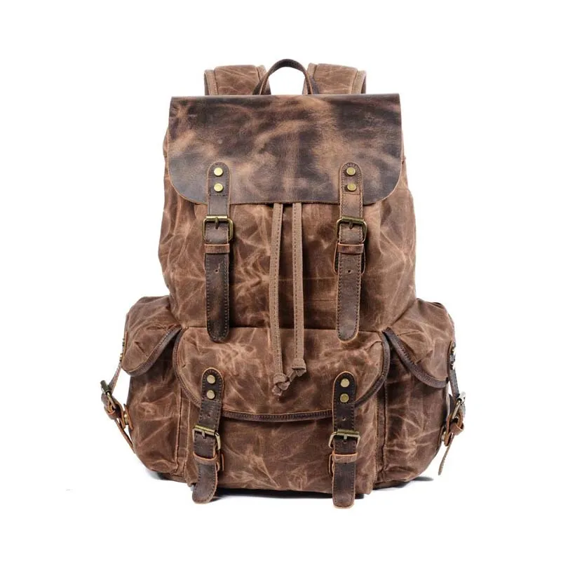 Vintage Waxed Canvas Drawstring Backpack for Men Retro European American Style Large Capacity Pure Cotton Rucksack for School