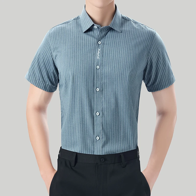 Business Casual Summer Stripe Men's Ice Silk Fabric POLO Collar Single Breasted Fashion Simple Short Sleeve Loose Shirt Tops