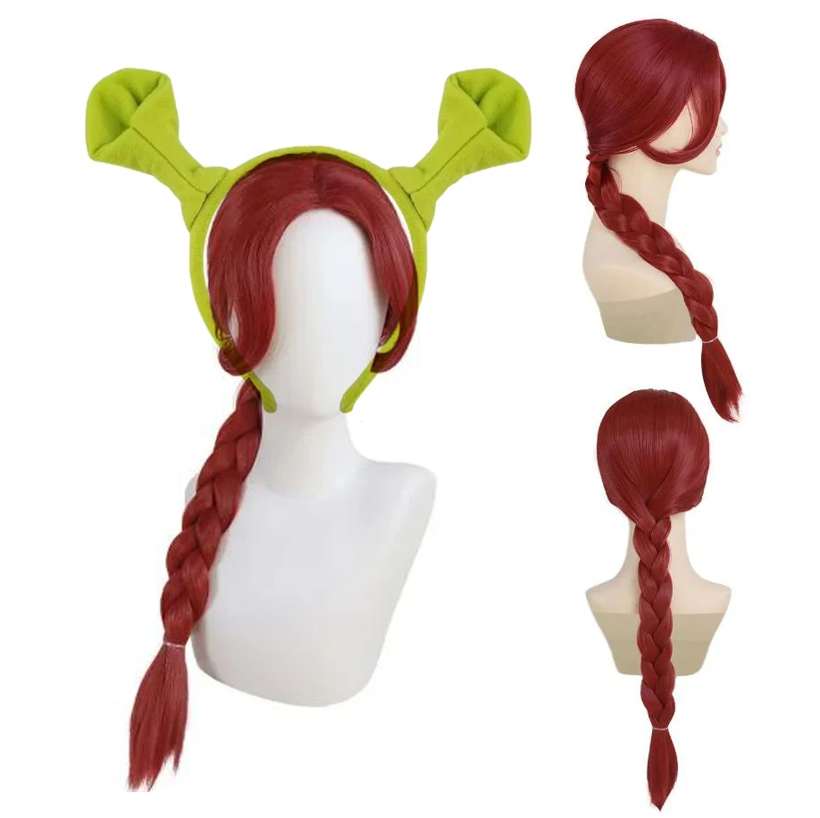 Disfraz de Fiona para Adultos, Disfraz de Fiona para Mujer, Peluca de Pelo Sintético Largo Trenzado Rojo Marrón Resistente al Calor, Inspirado en el Anime Shrek