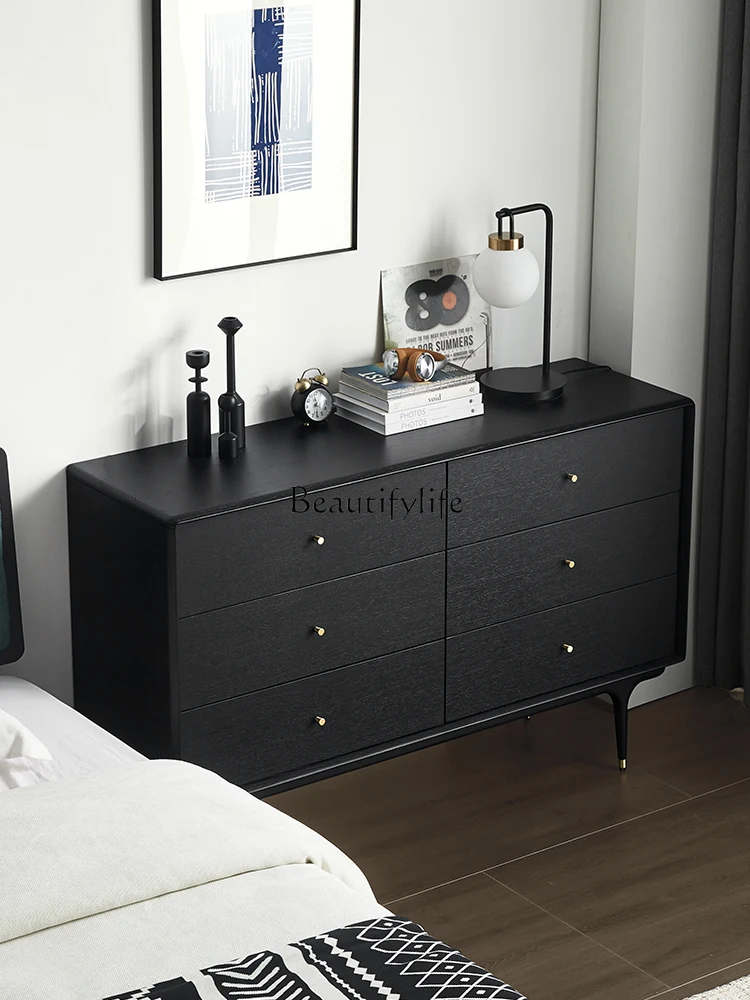 

5Nordic simple medieval six-chest cabinet retro black oak storage solid wood drawer cabinet