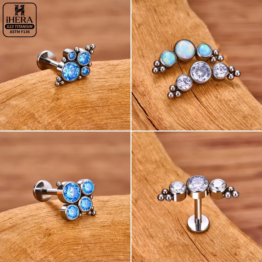 G23 Titanium Labret Cluster Gem Flat Back Lip Piercing Stud Conch Rook Lobe Earring Body Jewelry Accessory Set Multi Colors