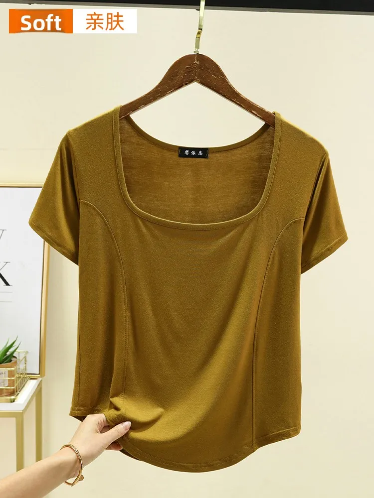 Slim Fit Kleur Modaal Vierkante Kraag T-shirt Dames Zomer Nieuwe Sle Thin Ort Sve Base Irt Faion Dames T-shirt