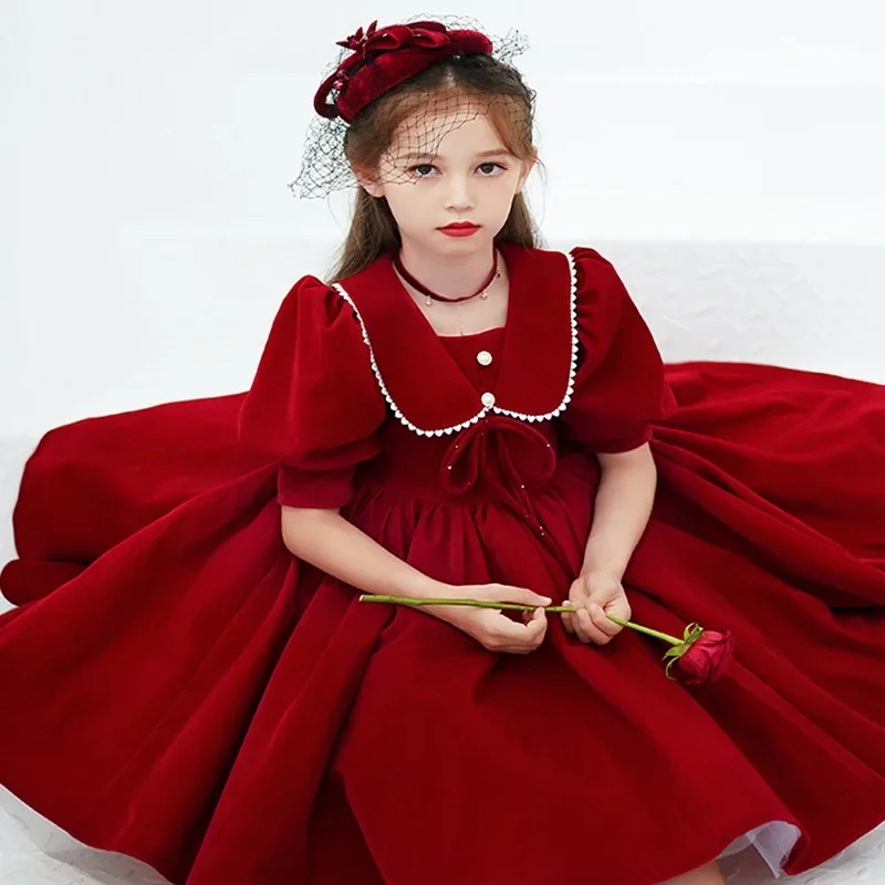 

Teens Girl Autumn Winter Red Velvet Long Sleeve Vintage Turkish Princess Gown Dress for Girls Christmas Birthday Wedding Party