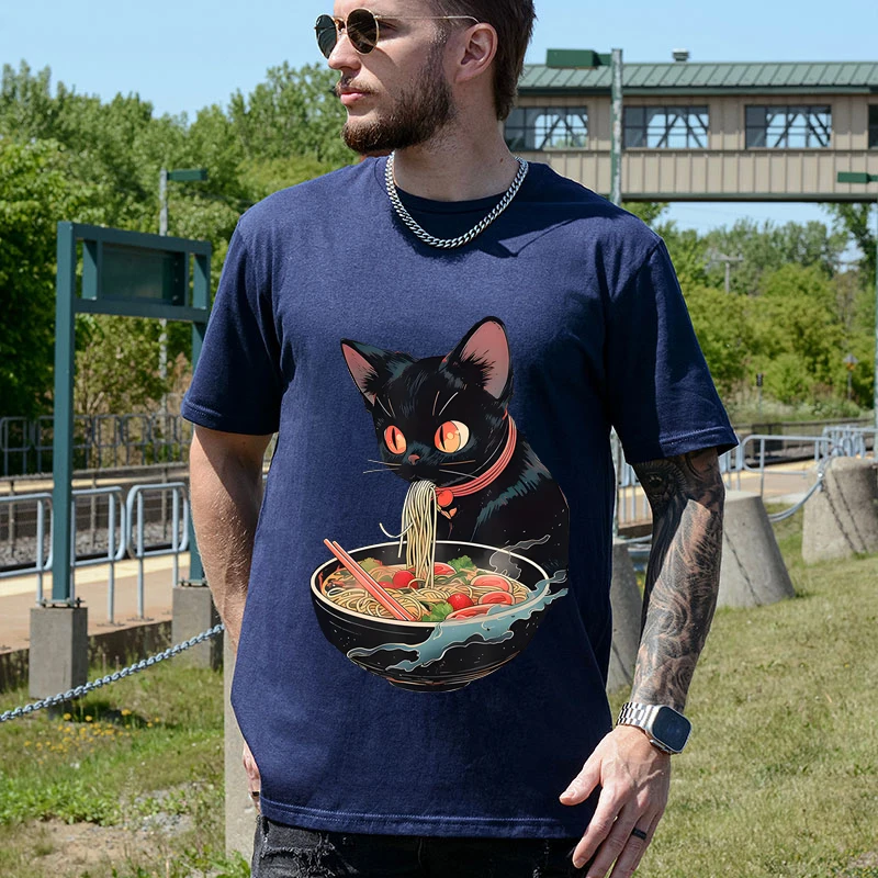 Kawaii Cat Ramen Noodle Men's Summer Fashion t-shirts Japanese Anime Manga Ramen Cat Casual Round Neck Short Sleeve T-shirt Top