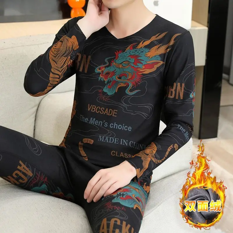 벨벳 무봉제 프린트 보온복 남성용 겨울 민소매 브이넥 조끼 양면 벨벳 이너웨어 보온 속옷