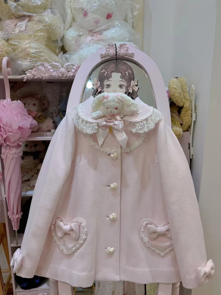 French Autumn Winter Sweet Girls Pink Coat Cute Lace Doll Neck Fashion Love Pocket Casual Soft Rabbit Ears Exquisite Outerwear
