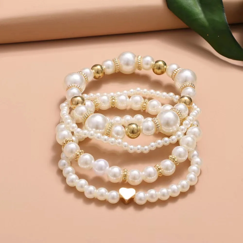 4-piece summer classic minimalist style imitation pearl layered women's bracelet set suitable for vacation travel
