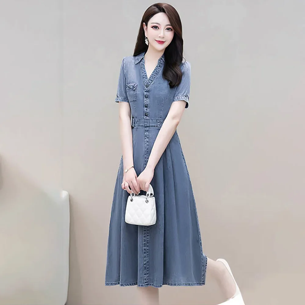 Denim Short-sleeved Dress Female 2024 Summer New V-neck Fashion Temperament Leisure Slim Long Elegant Fairy Skirt Tide CY487