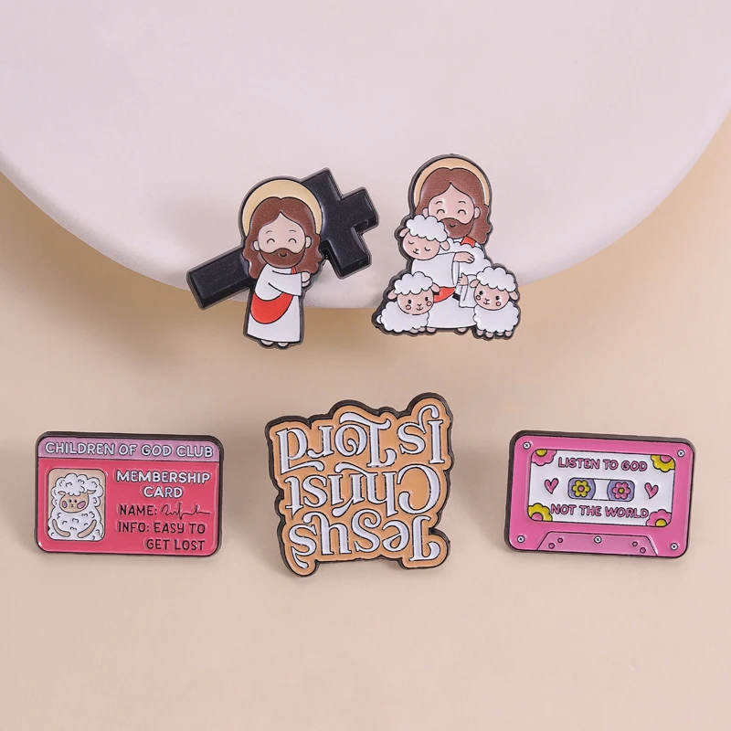 Holy Jesus Christian Faith Enamel Pins Jesus Blessed Quotes The Lord is My Shepherd Cross Brooches Lapel Badge Jewelry Gifts