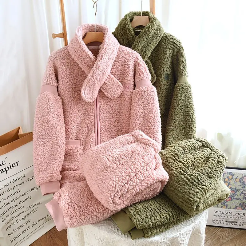 Thickened coral fleece pajamas women autumn winter lambskin fleece scarves home wear warm couple sets fleece can be worn outside