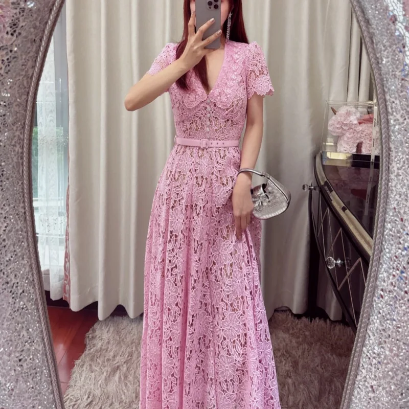 JAMERARY Brand Designer Holiday Pink Lace Embroidery Prom Dress Women Short Sleeve Evening Long Vestidos Midi Robe Belt