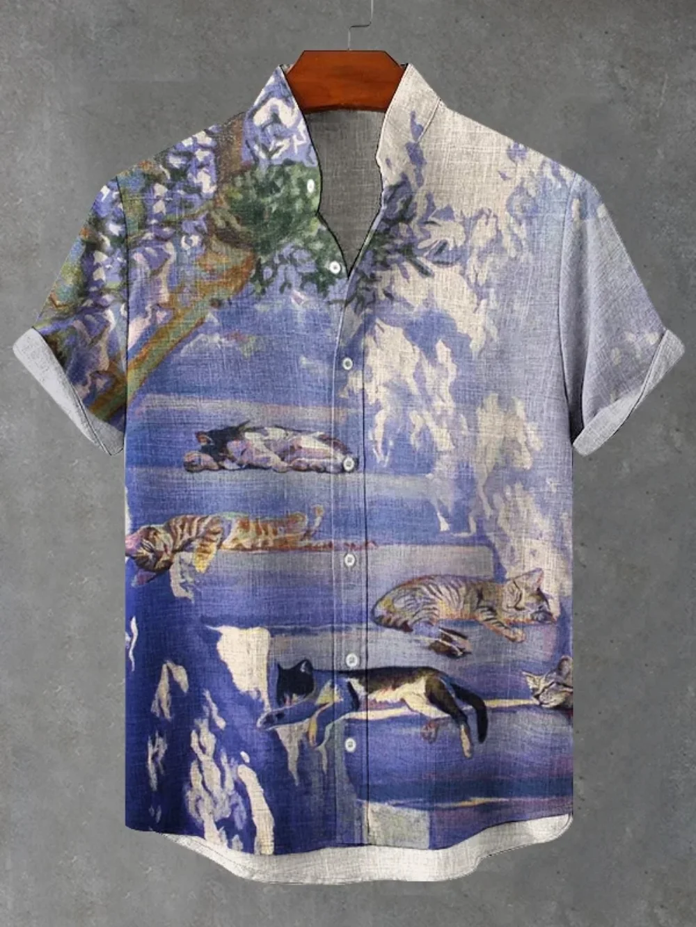 

Summer Men's Linen Shirt 2026 Fashion Stand Collar Short Sleeved Cardigan High Street Printed Top for Men