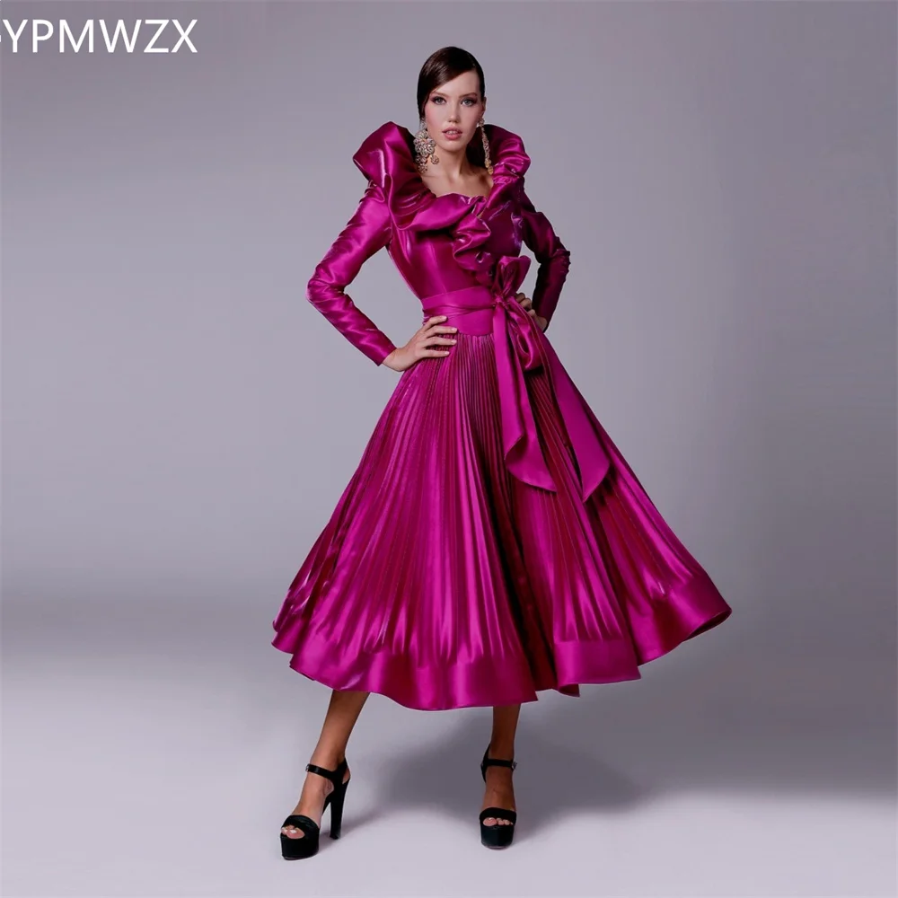 

Customized Evening Dress Party Occasion Women Prom Gown YPMWZX Square Collar Ball Tea Length Skirts Draped Knot Ruffle Bespoke O