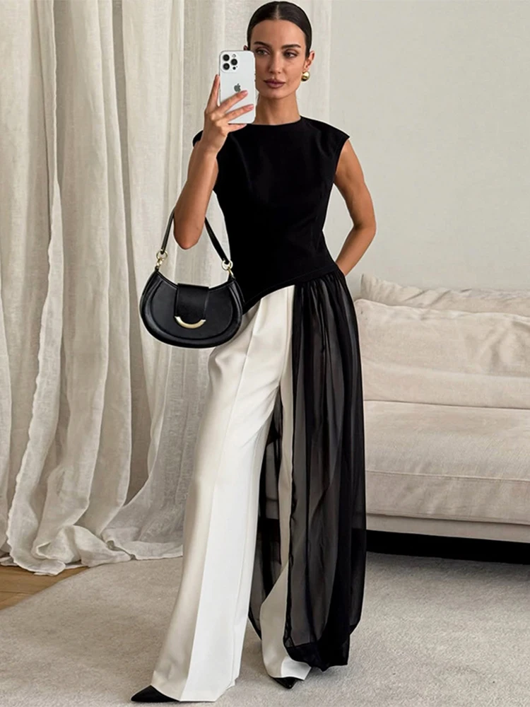 

Trendix Black Mesh Long Dress For Women Summer O Neck Patchwork Asymmetry Mini Dress Party Sexy Elegant Sleeveless Evening Dress