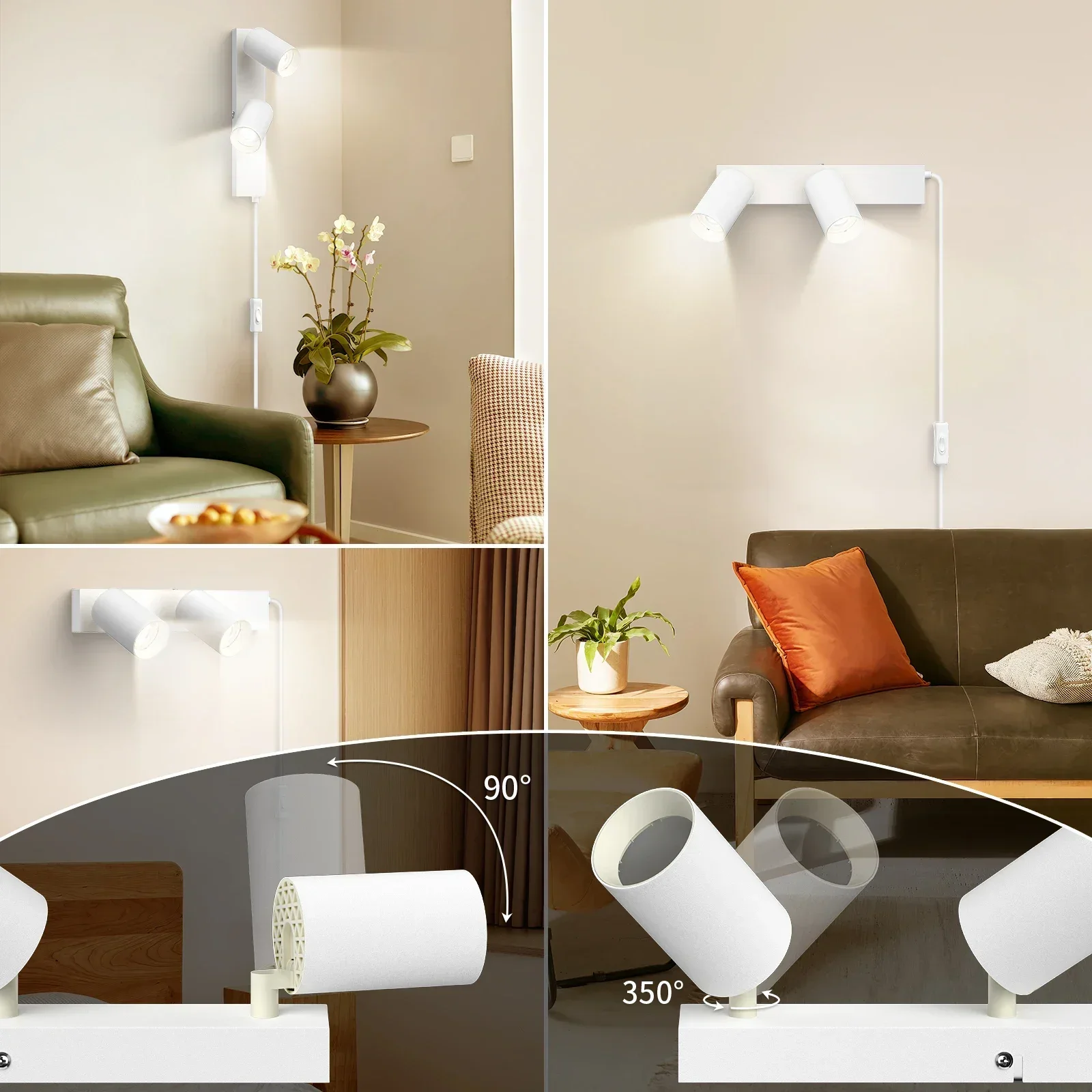 Wall light with switch indoor spotlight 2 spots GU10 with switch and plug white wall lamp rotatable 350° without bulb