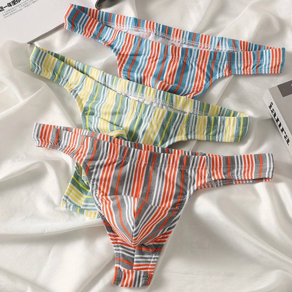 Bulge Pouch Men Thong Underwear 90 Polyester 10 Spandex Striped Pattern Bulge Pouch Design Low Rise Cut Thong Style