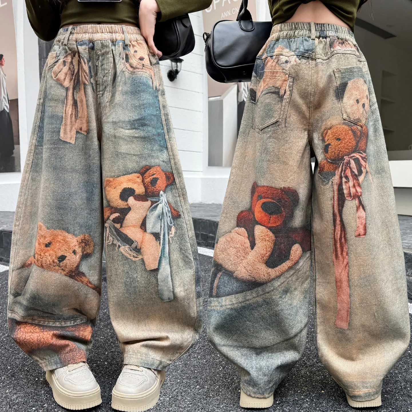 Teen Girl Bear Printed Jeans Spring Autumn Child American Street Painting Straight Loose Wide Leg Denim Pants Kids Trousers