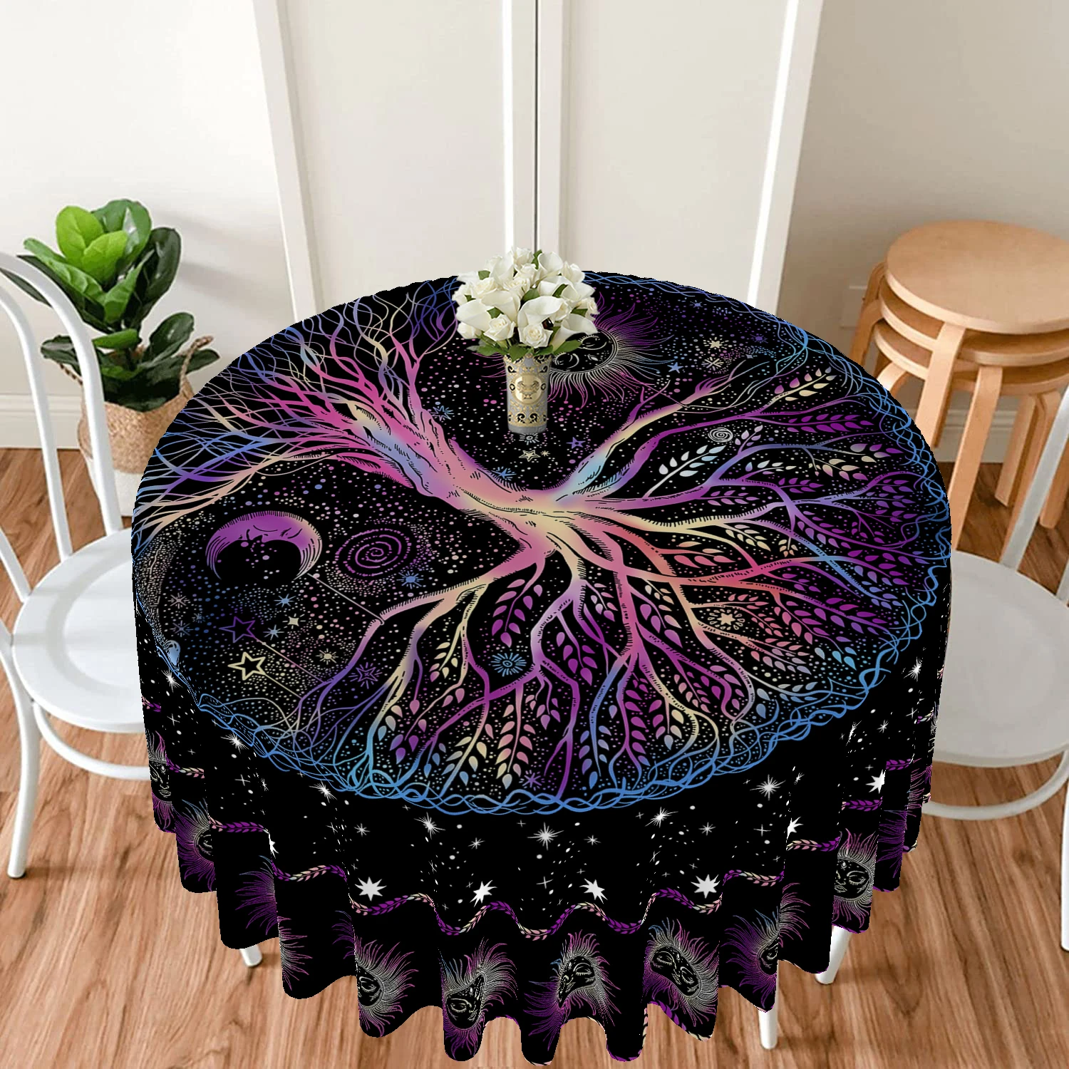 1 Piece of Life Tree Round Table Cloth Waterproof Terrace Table Sun Moon Star Curtain Multi Use  inch Blue Purple