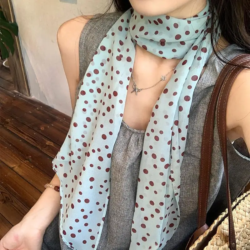 Blumiger Polka-Dot-Schal – Dünner Seidenschal für Damen, vielseitiges Haarband & Taschenband, elegantes Accessoire für den Alltag