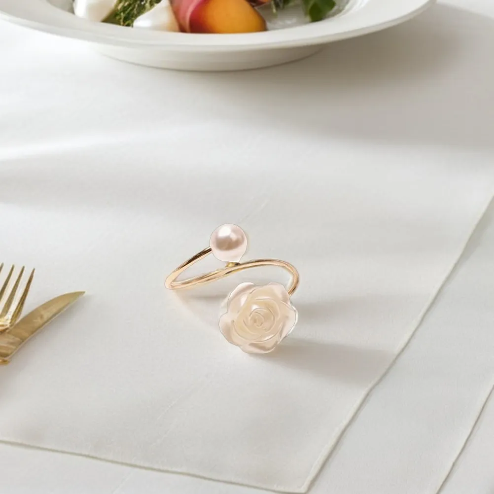 

12Pcs Metal Rose Napkin Rings Featuring Artificial Pearl Design Decorative Napkin Buckle for Restaurant Home Kitchen Table Decor