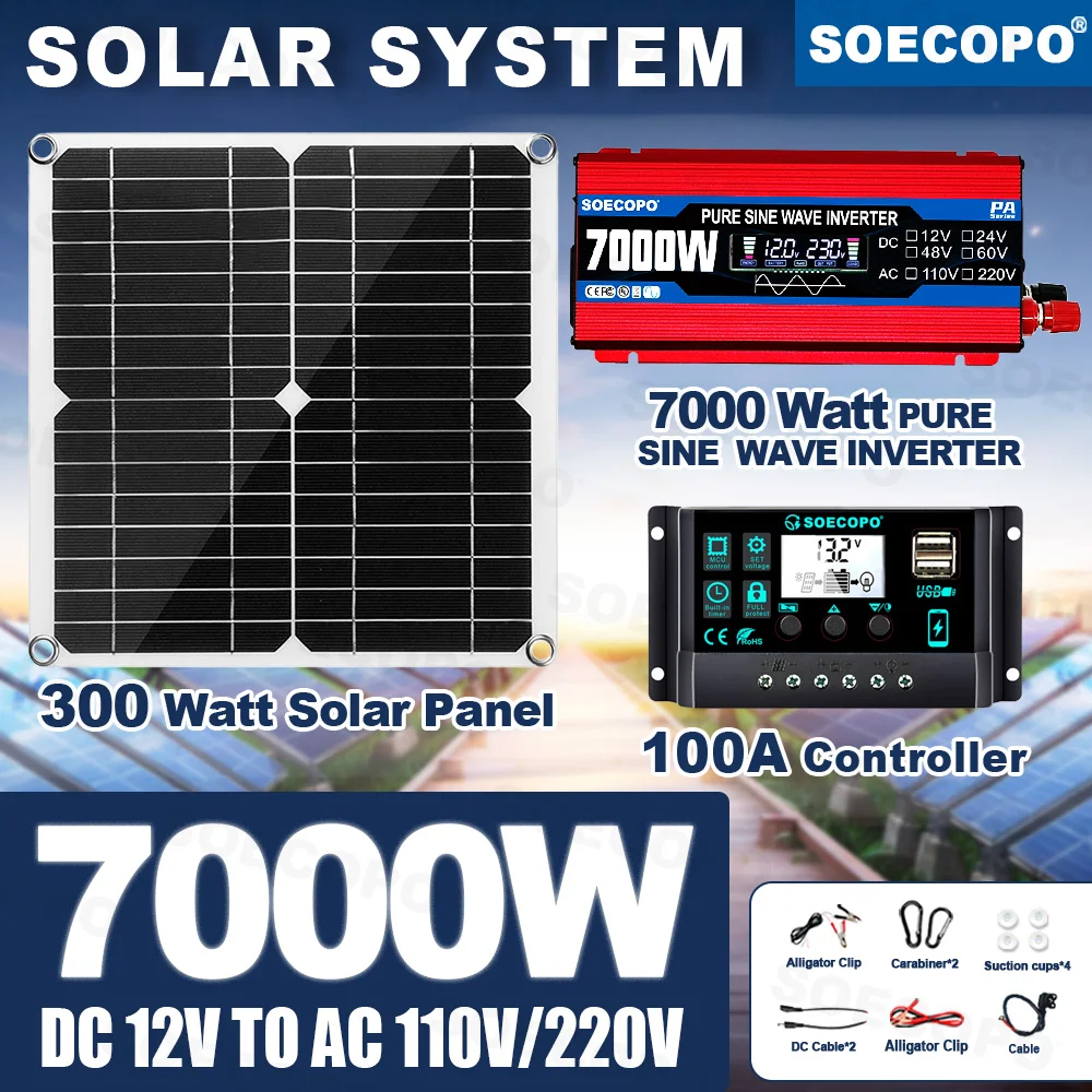 

Clean Power Pure Sine Wave Inverter 7000W Solar System Kit 100A Controller AC110/220V 300W Panel for Greenhouse garden RV home