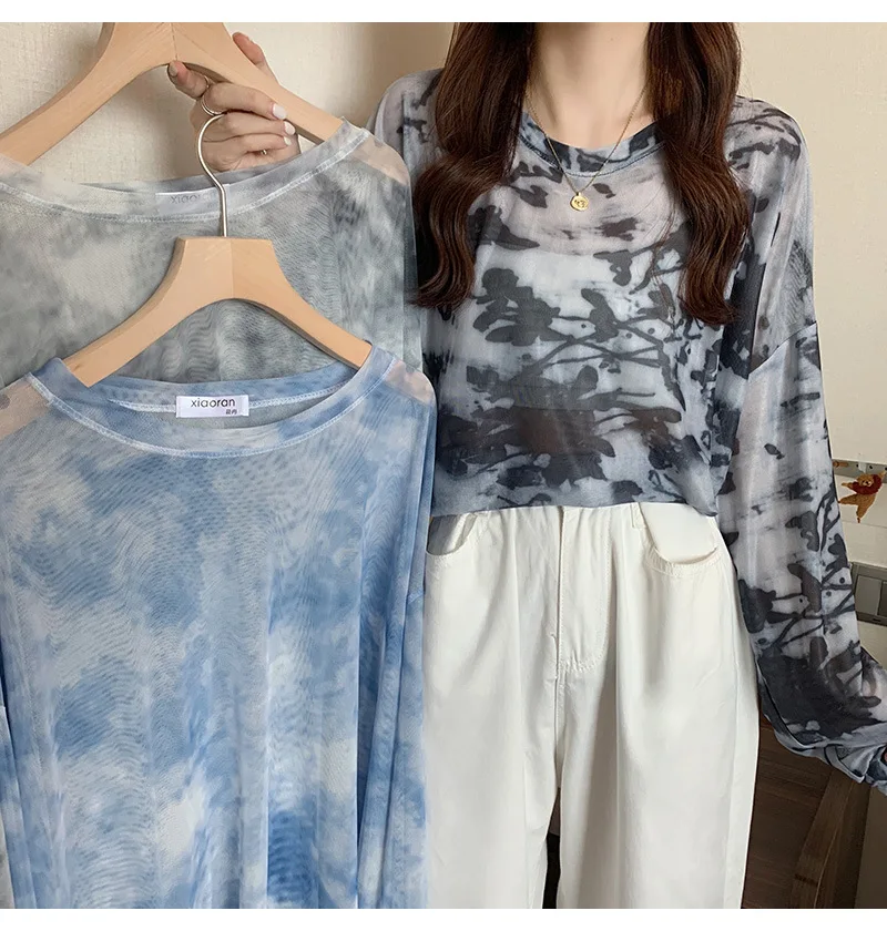 Mesh Sun Protection Shirt New Summer Casual Printed Pullover Long Sleeve Women's T-shirt Sheer Top image 3