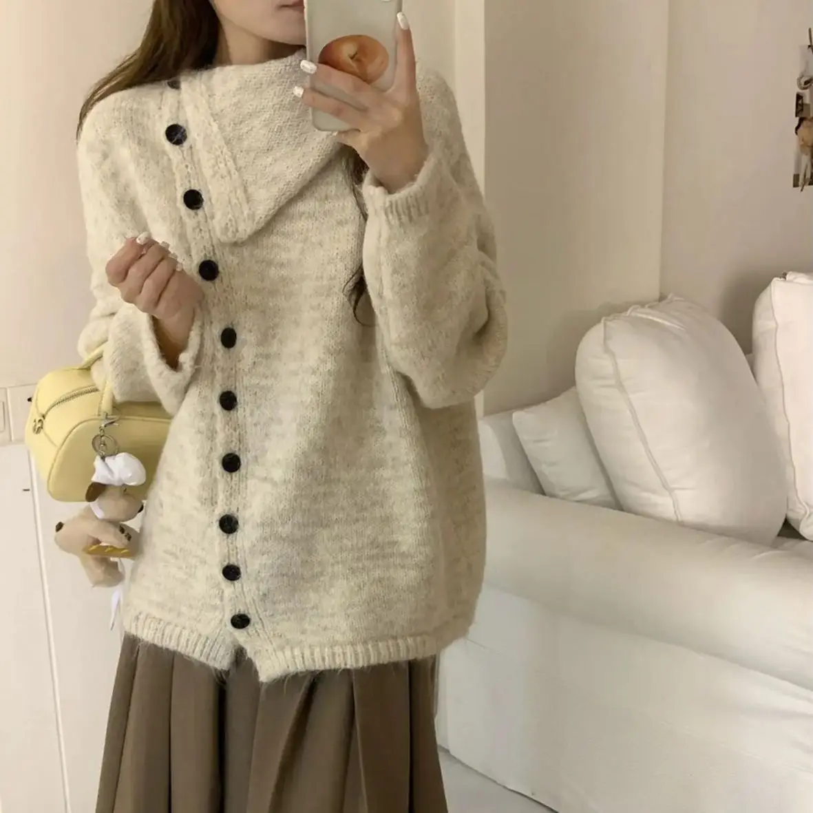 

Korea Lazy Style Turtleneck Cardigan Sweater Design Women'S Coat Autumn Winter High-End Loose Soft Waxy Knitted Top