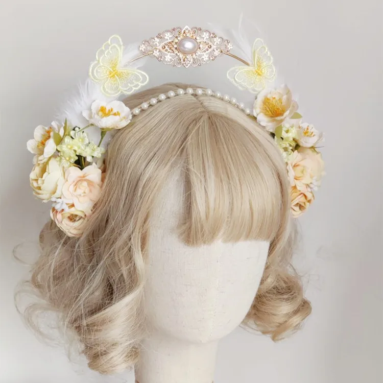 Sweet Rose flower Headpiece Lolita Vintage KC Crown Headband Angel Virgin Mary Baroque Tiara Headwear Anime Decor