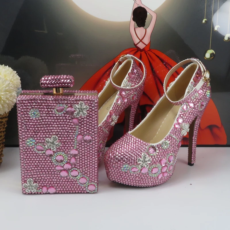 Pink crystal party shoes with matching bags fashion wedding high heels platform shoes Woman Round Toe Pumps