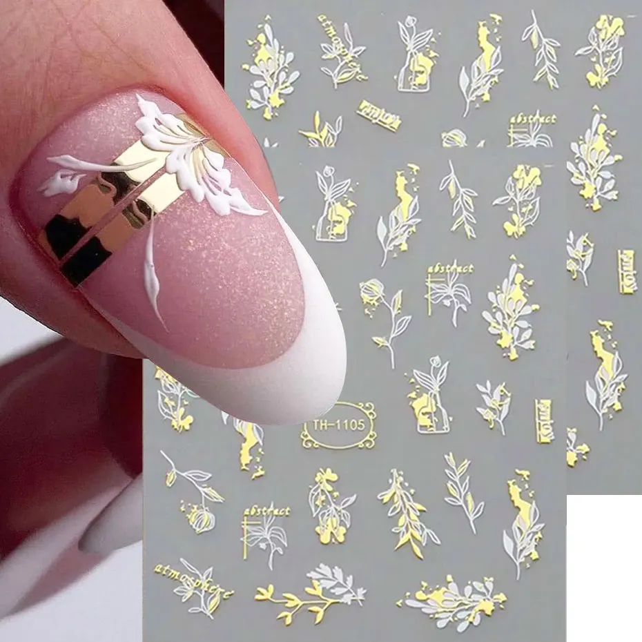 2 Stück 3D-Bronzing-Blätter-Aufkleber für Nägel, abstrakte Linien, Malerei, Abziehbilder, weiße Streifen, Blumen, selbstklebende Schieber, Dekoration