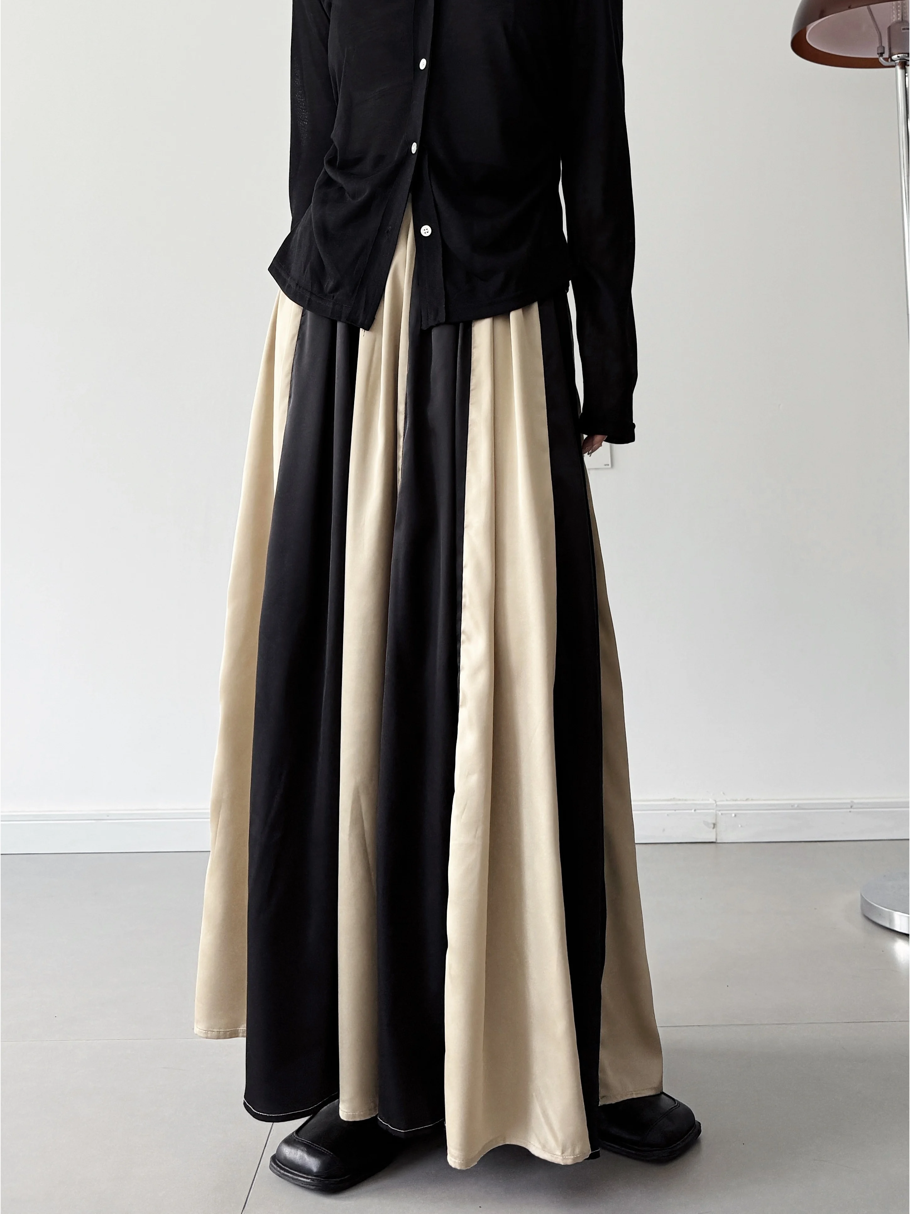 High Waist A-Line Skirt Color Block Satin Dark Style Contrast Color Design Tea Break Skirt Ladies Casual High Fashion Sense