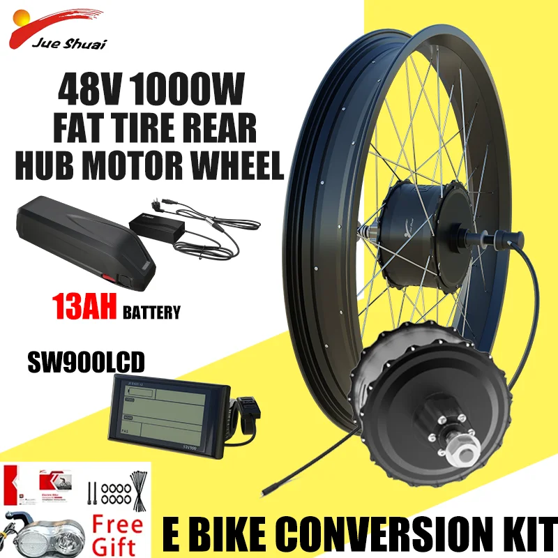 48V 1000W Fat Tire Electric Bike Hub Motor (Wheel) Conversion Kit 45-55KM/H Speed E Bike Conversion Kit with 13AH Battery