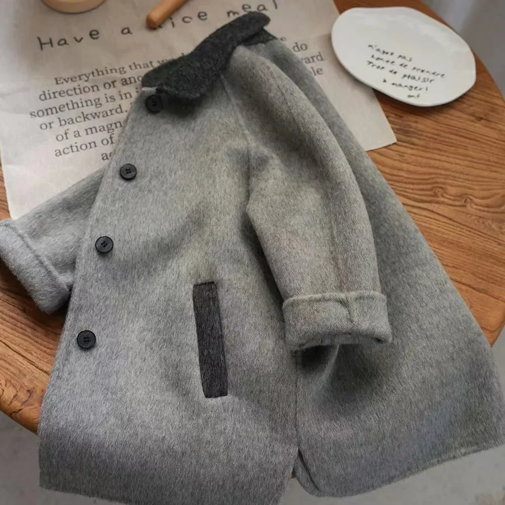 South Korea children's clothing autumn and winter new gray coat foreign style boys and girls children's woolen coat long tide