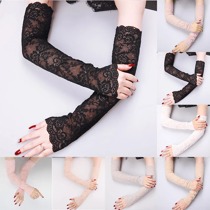 Women Long Lace Fingerless Mittens Covered Sexy Lace Summer Sunscreen Arm Sleeves Scar Elastic Sleeve Ladies Driving Gloves