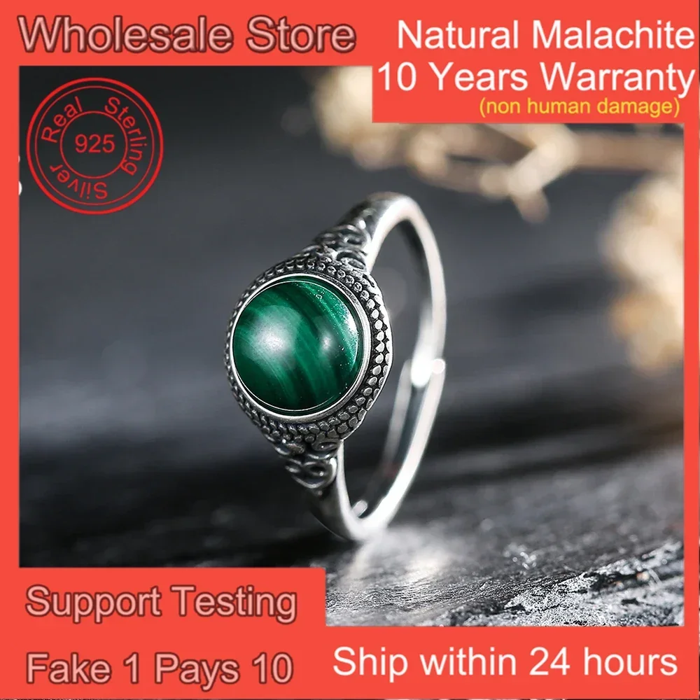 

8mm Round Natural Malachite 925 Sterling Silver Adjustable Women's Rings for Party Daily Wear Jewelry Gifts