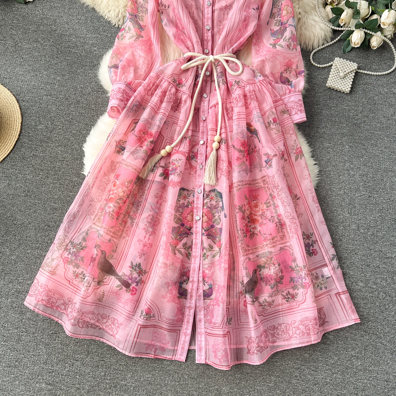 Vintage  Print Elegant  A-line lool Sleeve Bandage loose Turn-down Collar Dress Casual Women  Fashion summer Spring dresses