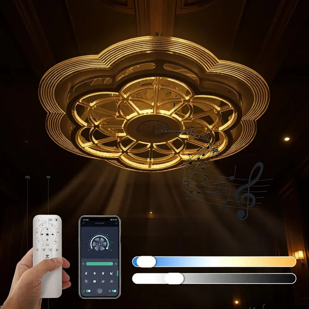 Smart Ceiling Fan Light Remote APP Control Bluetooth Speaker Dimmable 6 Speed Bladeless Petal 19.6 Inch Bedroom