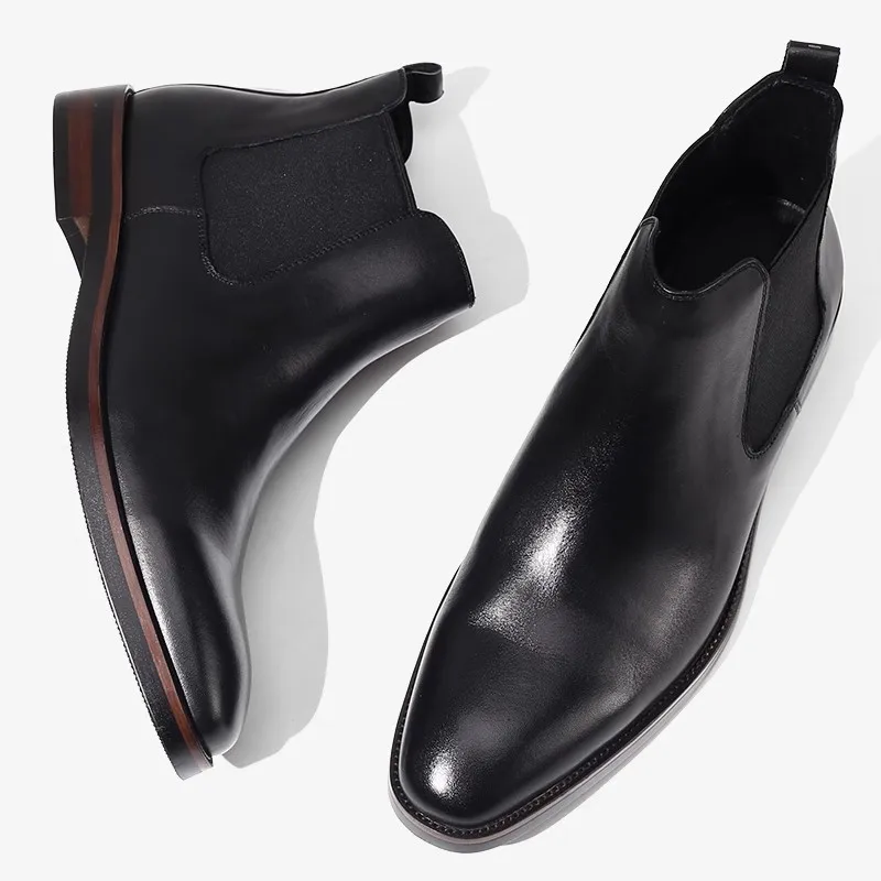 2025 New High Top Leather Shoes Vintage Handmade Shoes Chelsea  British Square Head Leather Boots Business Dress Leather Shoes