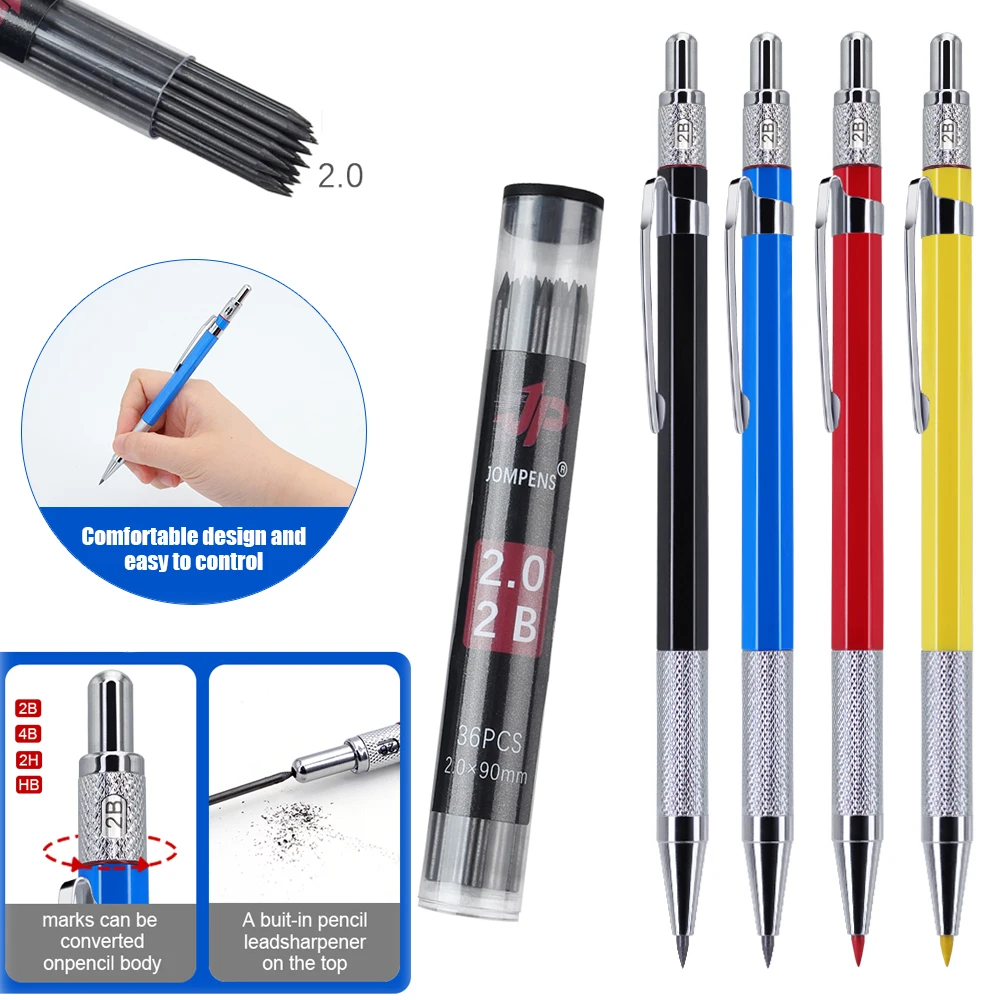 Professional 2.0mm Metal Mechanical Pencil Set with 2B Lead Refill, Automatic Pencil for Office School Writing Supplies