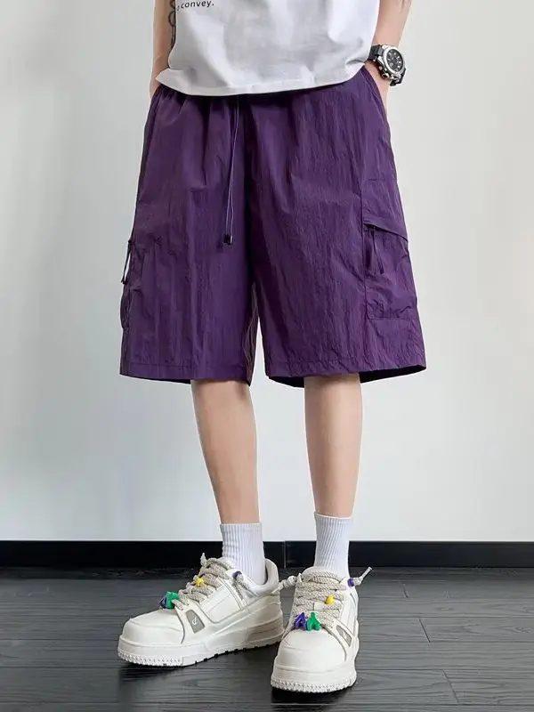 

Ice Silk Straight Leg Casual Pants Summer Thin New Loose Qui Dry Sports orts Men Five-Quarter Polyester Fiber mid Waist