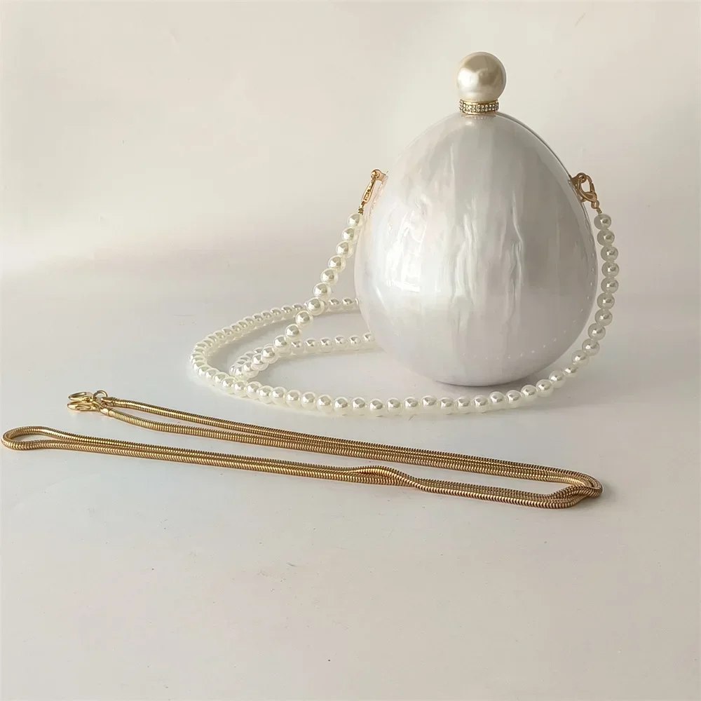 Lady Boutique Pearl White Egg Acrylic Box Oval Handbags Wedding Long Chain Messenger Bridal Gift Evening Purses Crossbody Bags