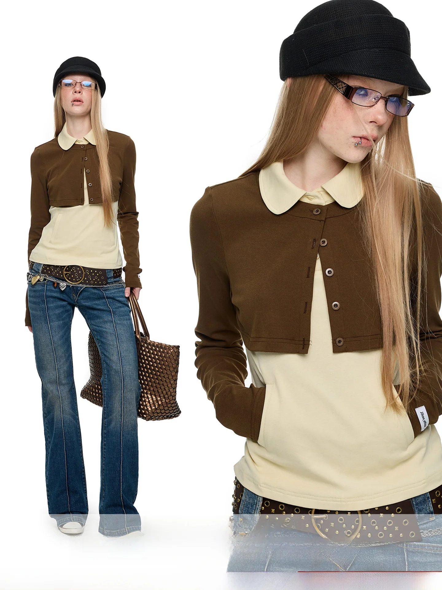 

JIKOO Early Spring Doll Collar Fake Two-Piece Knitted Long Sleeve T-Shirt Color Block Contrast Casual Slim Fit Cotton Blend
