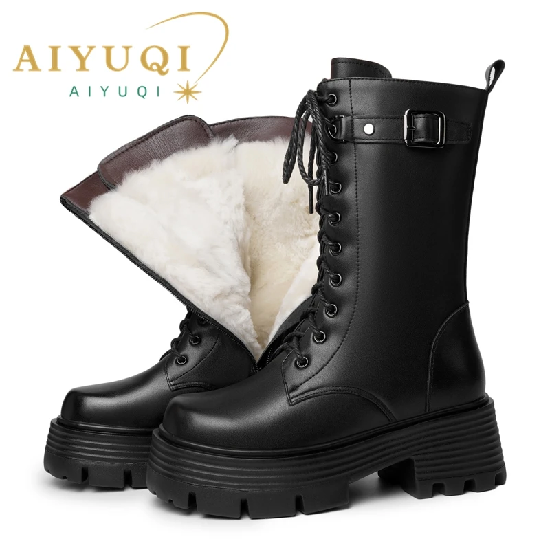 AIYUQI Women's Winter Shoes 2024 New Genuine Leather Women's Biker Boots Large Size 41 42 43 Warm Platform Women's Snow Boots