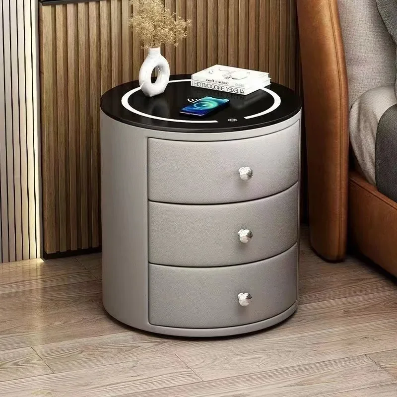 2026 Intelligent Luxury High-end Bedside Table With Three Drawer Storage Leather Wrapping And Wireless Charging Bedside Shelf