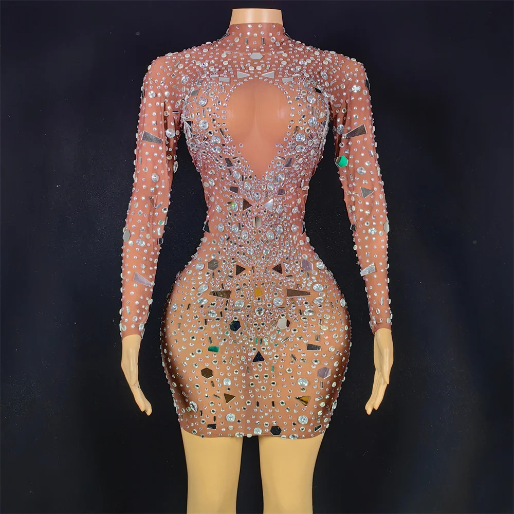 

Femle Gogo Dancer Clothing Long Sleeve Hollow Out Sexy Short Skirt Glitter Costume Dancehall Queen Outfit Stage Clothes