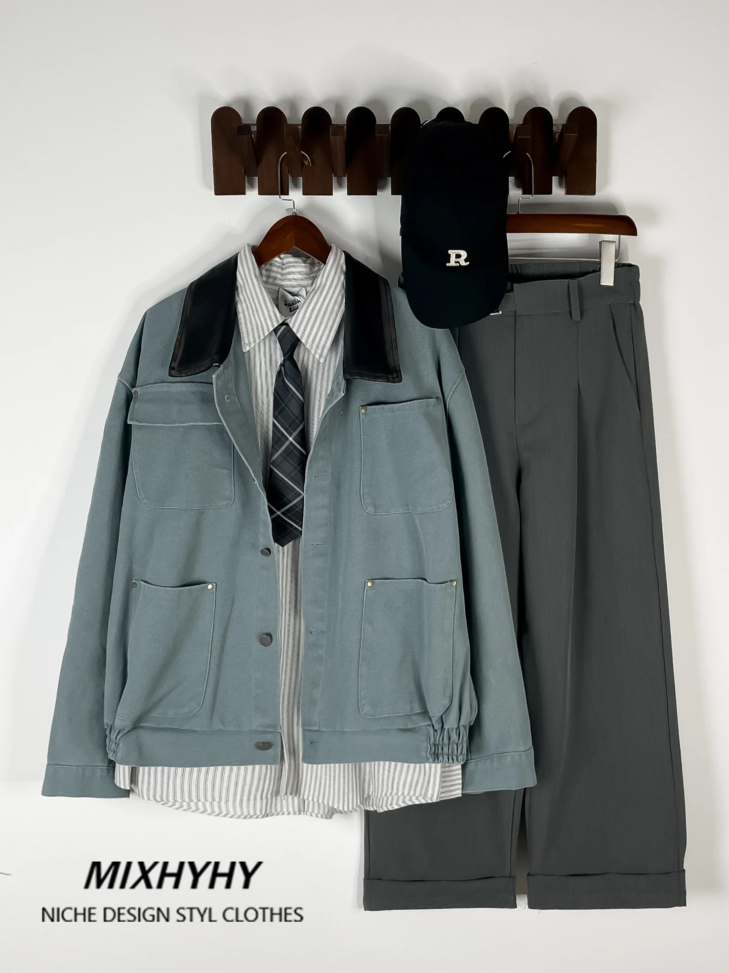 

Retro American Spliced Leather Collar Multi-ket Workwear Jaet Men Trendy Design ort Wide Coat Cotton Polyester Blend