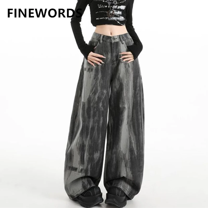 

Женские джинсы FINEWORDS с эффектом тай-дай, широкие штанины, высокая талия, свободные, мешковатые, повседневные, в стиле Y2K