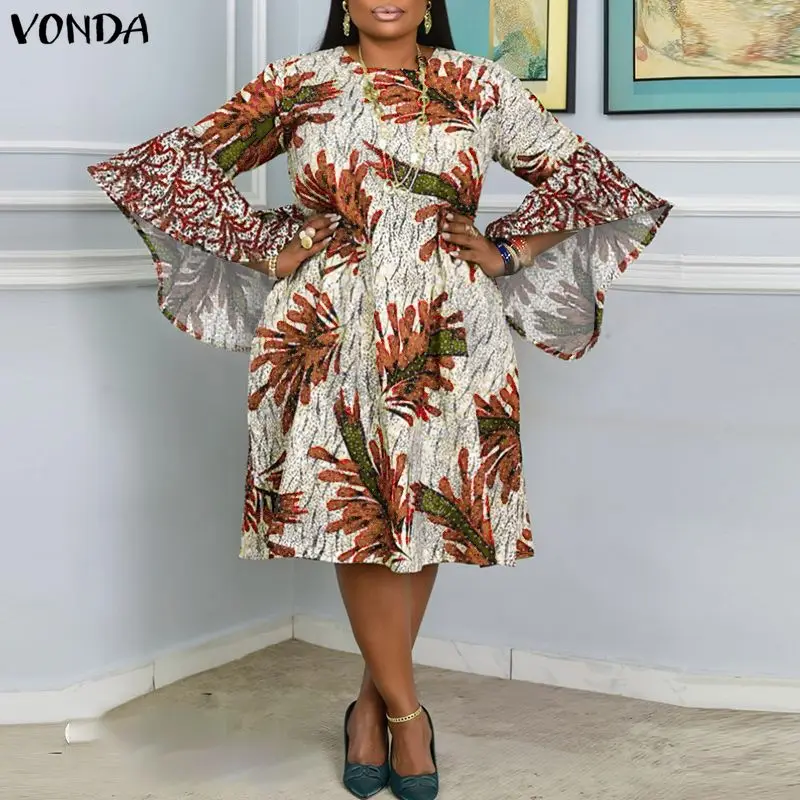 VONDA grande taille 5XL Vintage imprimé fleuri robes femmes fête robe d'été 2026 mode manches longues évasées décontracté surdimensionné robes