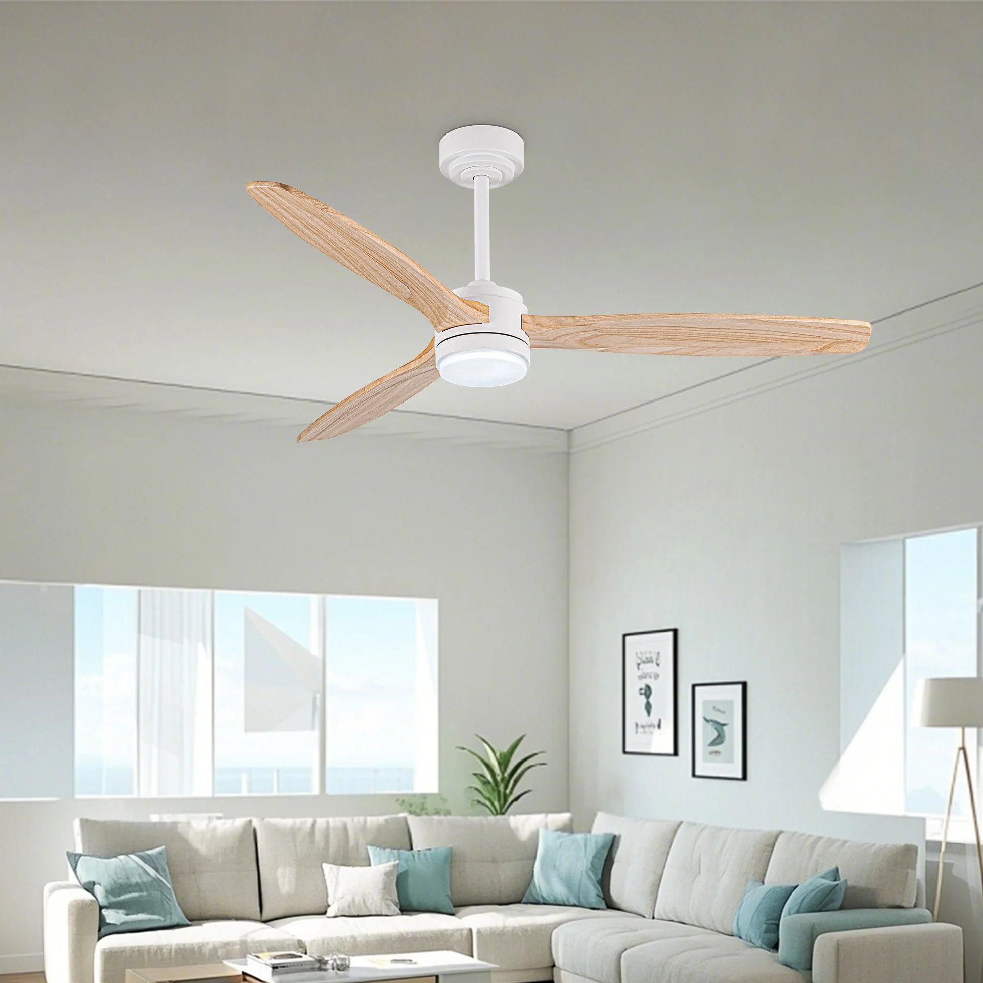 Solid Wood Ceiling Fan with Light, Brushless DC Silent Motor, Three Solid Wood Fan Blades